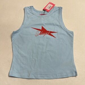 Edikted Light Blue Tank Top with Red Graphic